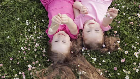 Two Cute Little Girl Lying Upside Down on Meadow Grass and Flowers Making Air Kiss and Waving Hand