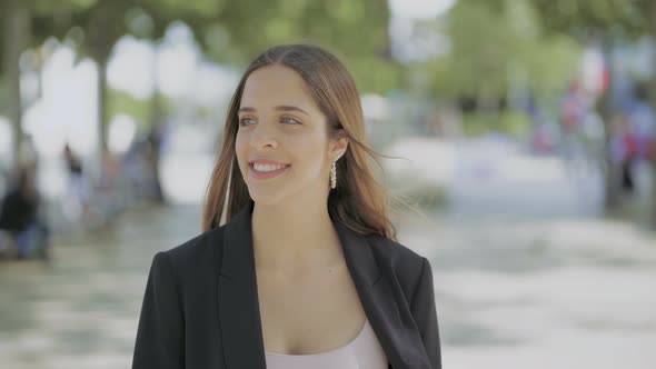 Beautiful Smiling Girl Walking Outdoor alt