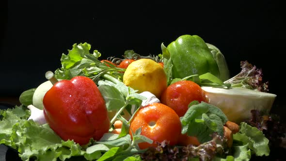 Vegetables on a Tray Close-up. Vegetables on the Kitchen Counter. Tomato Cucumber Zucchini Onion