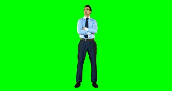 Businessman standing with arms crossed against green background alt