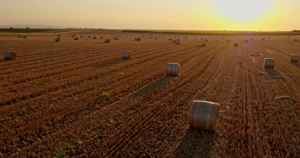 Serbia, Vojvodina. Aerial shot of wheat bales out on a field alt