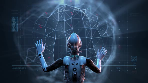 sci-fi woman robot ,  large holographic interface alt