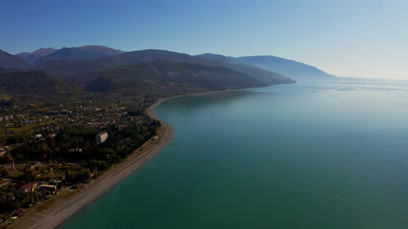 Aerial of Small Village Resort on the Southern Coast. Black Sea Summer alt
