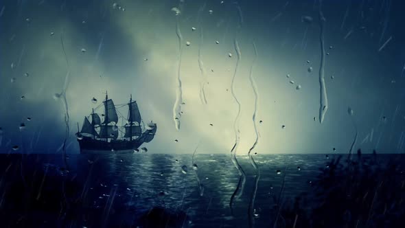 Sailing Ship Docking Close To Shore Under Rain alt