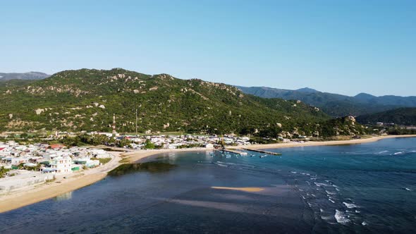 Scenic aerial panorama of tropical beach in coastal Thai An town, Vietnam alt