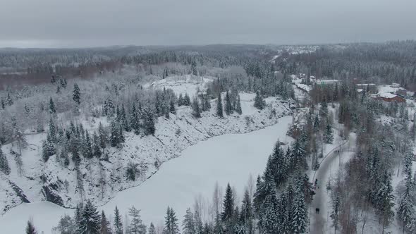 Beautiful Winter Aerial Footage of Ruskeala Mountain Park in Karelia in alt