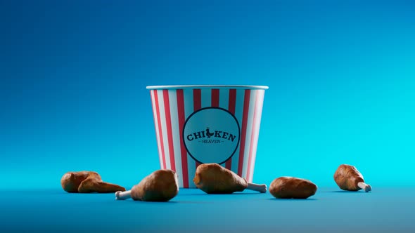 Animation of curious chickens peeking out of a paper bucket of fried chicken. alt