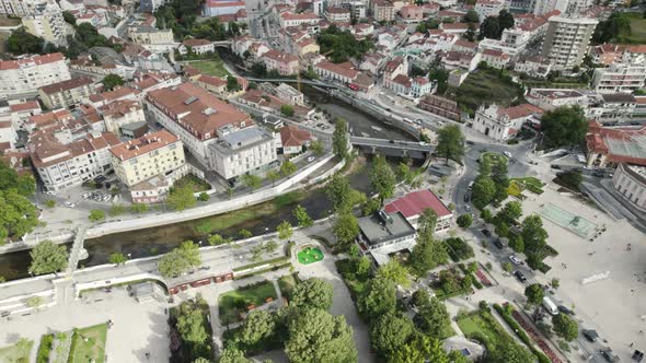 Top down view Leiria downtown cityscape with Lis River canal, Portugal