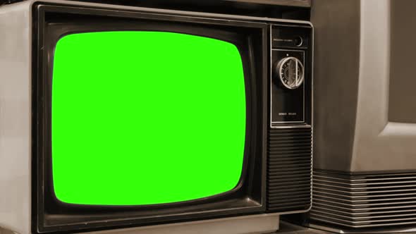 Old TV Set Turning On Green Screen With Test Pattern. Sepia Tone. 