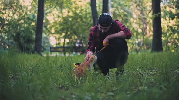 A man walks in the park with his cat on a harness.  alt