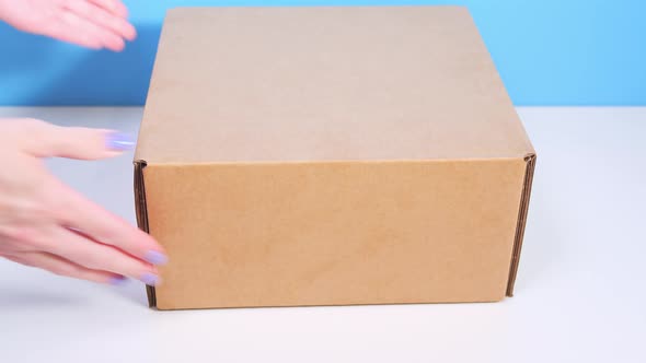 Close Up of Men's Hands and Receive a Parcel Brown Cardboard Box From a Delivery Woman Who Gives Him alt