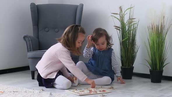 Two cute sisters make a puzzle with animals on the floor.