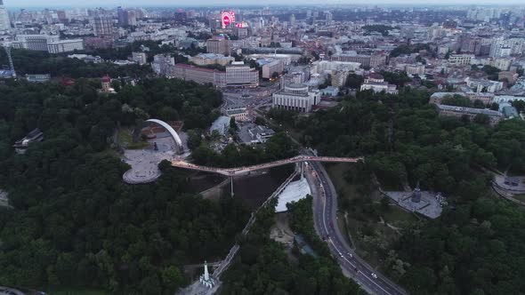 Aerial View of Pedestrian Glass Bridge in Kyiv Connecting Two Parks Volodymyrska Gorka and alt