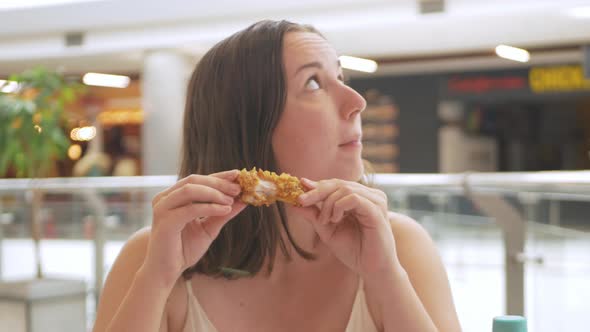 Woman Eats Delicious Breaded Chicken Deepfried Fast Food Snack
