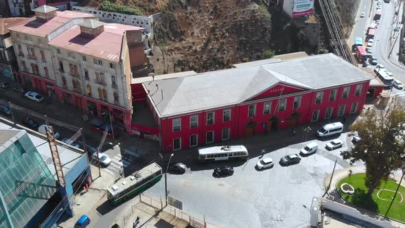 Customs Building, Crossroads traffic, trolley bus (Valparaiso Chile) aerial view