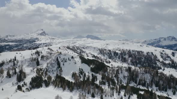 Aerial, Snowy Dolomites Mountains, Huge Peaks And Beautiful Winter Landscape