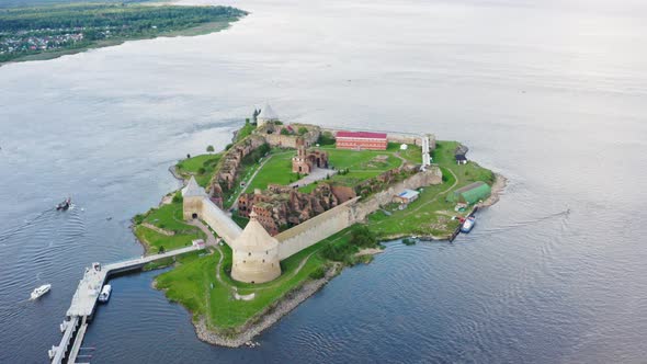 Aerial View on Fortress Oreshek in Ladoga Lake, Shlisselburg Town, Russia