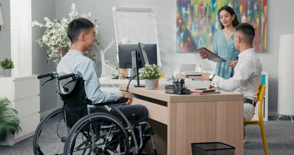 Woman Secretary of Boss Brings Him Cv Contract of the Future Employee Disabled Man in Wheelchair Has alt