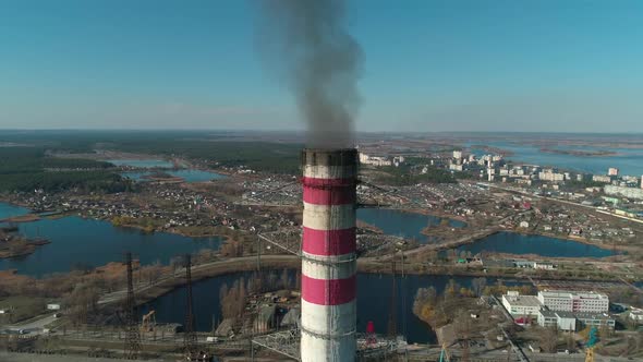 Aerial View, Approaching To Smoking Chimneys of CHP, Coal-fired Power Station
