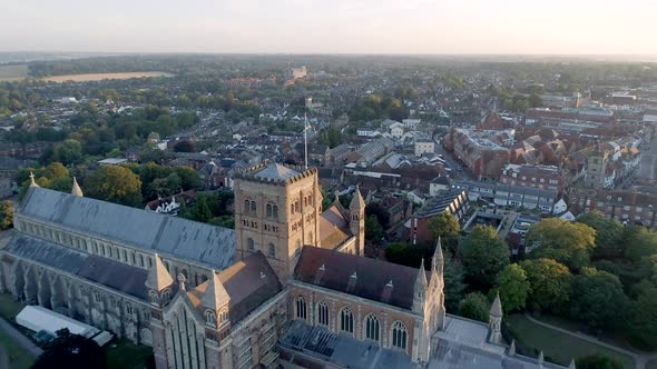 Sunrise Aerial View of the City of St Albans and its Cathedral in England alt