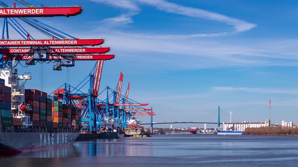 Container ship loading and unloading in deep sea port, import and export