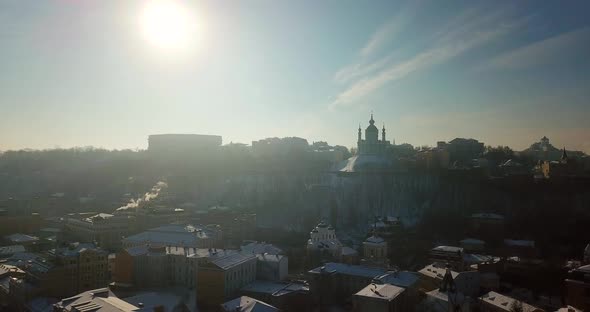 Aerial Drone View of Podil is the Historical Center of Kyiv in Winter