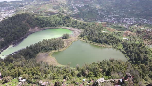 Aerial view of Telaga Warna lake in Dieng Wonosobo, Indonesia alt