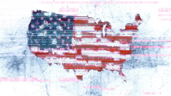 United States Stars and Stripes Banner in National Map Shape Silhouette on Glitched Cyberspace Code