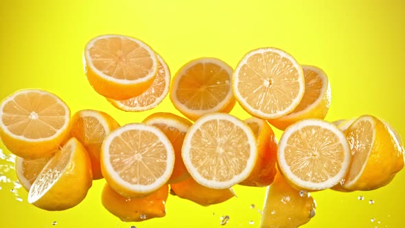 Super Slow Motion Shot of Flying Fresh Lemons and Water Side Splash at 1000 Fps alt