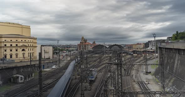 time lapse of departing trains from Praha hlavní nádraží in Prague, railway station alt