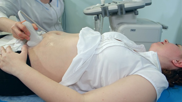 Female doctor doing ultrasound on belly of pregnant woman in clinic