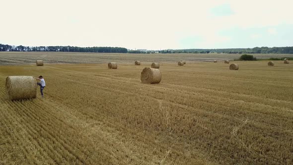 Little Boy In Field. Beautiful boy walking in a field with straw alt