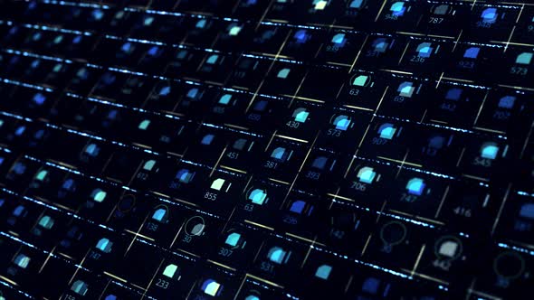 Futuristic background of signals moving across blue circuit board alt