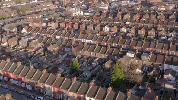 Aerial View of Terraced Working Class Housing in Luton at Sunset alt