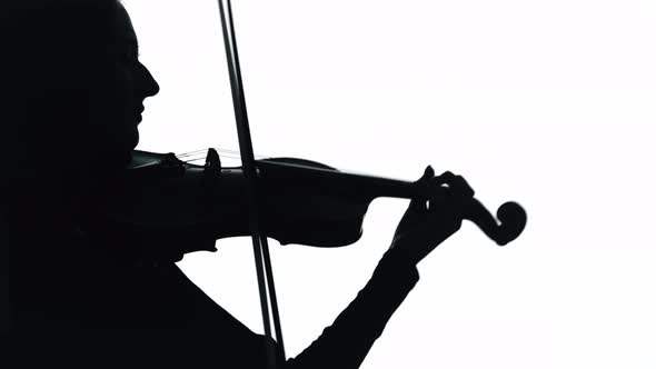 Young Woman Playing Violin in White Studio. Silhouette