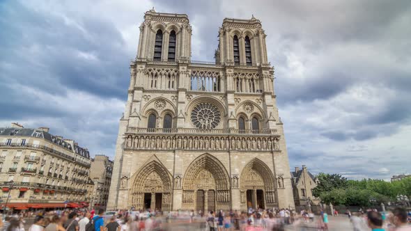 Front View of NotreDame De Paris Timelapse Hyperlapse a Medieval Catholic Cathedral on the Cite alt