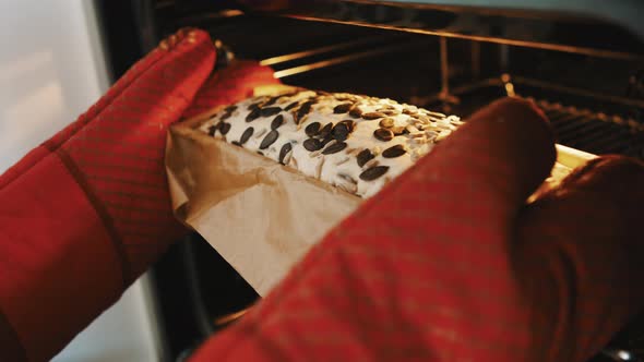 Person with Red Kitchen Gloves Putting Homemade Bread with Pumpkin Seed in the Oven. Close Up Slow alt
