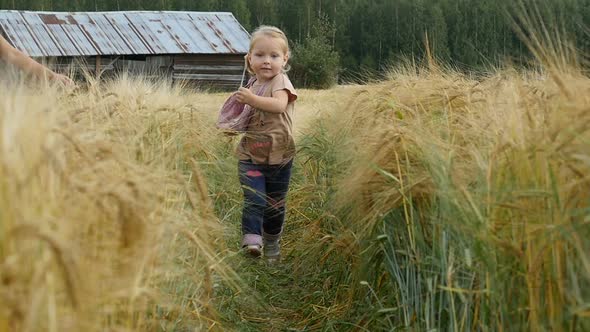 Happy Little Girl Running On Wheat Field. Child Walking On Golden Field alt