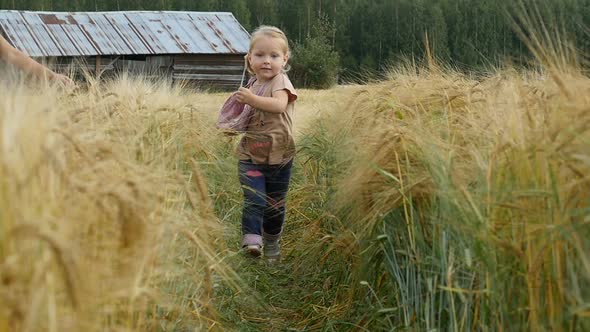 Happy Little Girl Running On Wheat Field. Child Walking On Golden Field