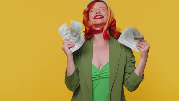 Redhead Girl Holding Cash Money Dollar Celebrate Dance Success Business Career Lottery Game Winner alt