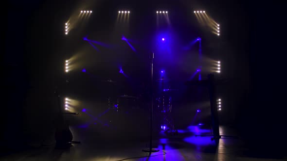 Classic Retro Chrome Microphone and Electric Guitar Together with Drums and Piano Synthesizer alt