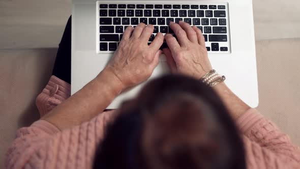Senior Woman Hands Typing On Laptop Keyboard. Elderly Hands Typing On Notebook Keyboard. alt