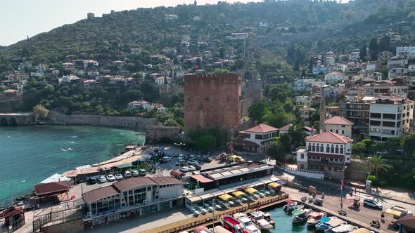 Castle Alanya Kalesi Aerial View 4 K of Mountain and City Turkey3 alt