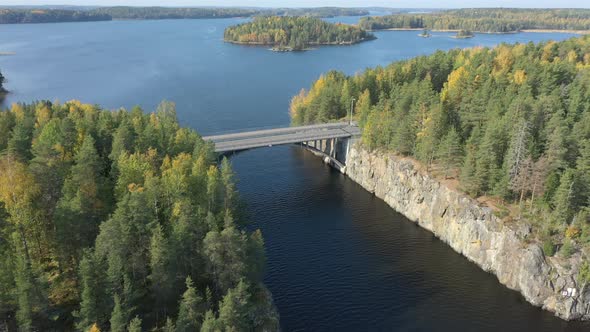 An Aerial Shot of the Trees on the Side of the Bridge in Lake Saimaa in Finland