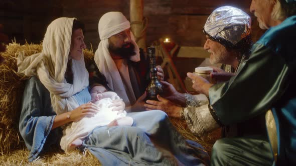 Wise Men Giving Presents for Jesus Christ to Joseph and Mary, Stock Footage
