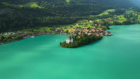 Iseltwald Castle on Brienzersee, Switzerland, Aerial circle panorama alt