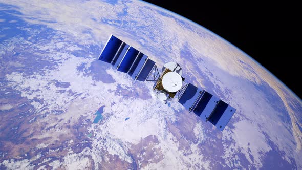 Artifitial Satelite orbiting the Earth stretching out solar panels to the sun. alt