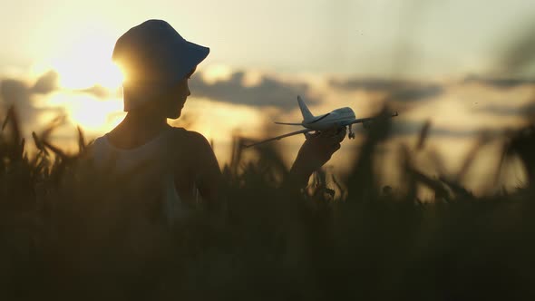 Funny Boy Playing with Airplane in the Golden Wheat Field at Sunset Boy Dreams of Being a Pilot
