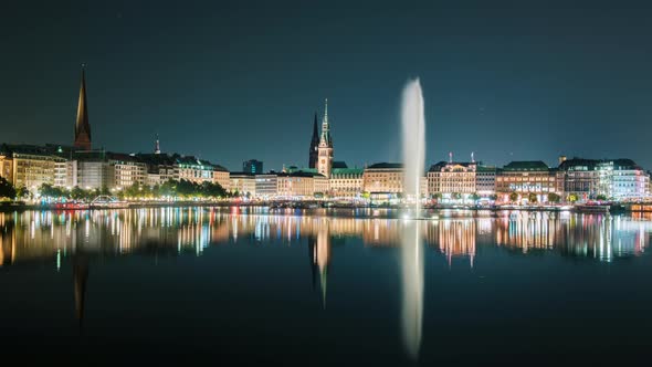 A Panoramic View of the Hamburg Skyline of the Binnenalster Taken From Lombardsbruecke Night alt