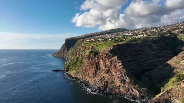 Coastline of Madeira Portugal Beautifull Sunny Island the Atlantic Ocean Aerial Drone View alt